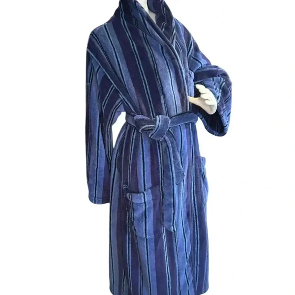 Vintage 80s 90s Stafford Robe One Size Striped Belted House Blue. - Picture 7 of 9